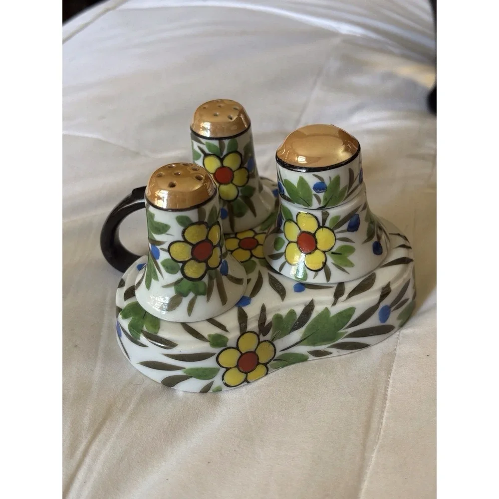 VTG/Antique Japanese‎ Lusterware Hand Painted Condiment Set